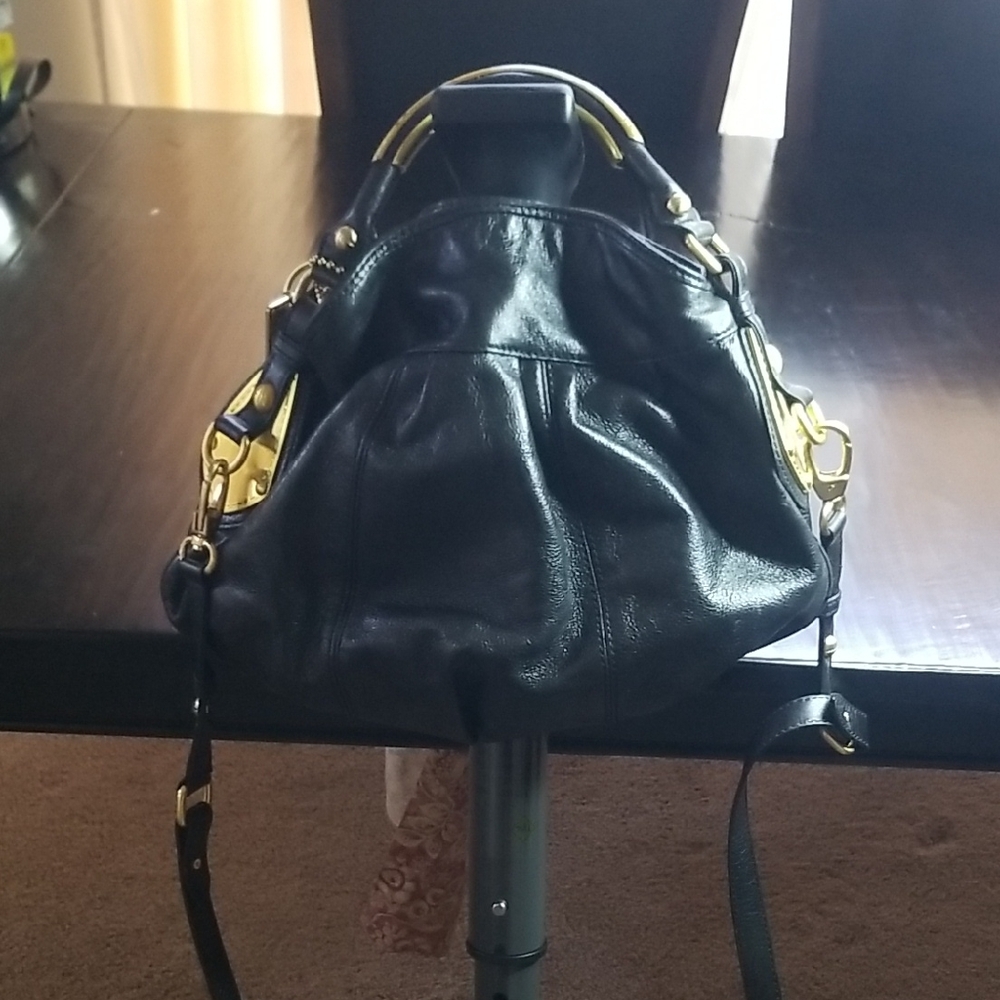 Chic Black Leather Shoulder Bag with Gold Accents